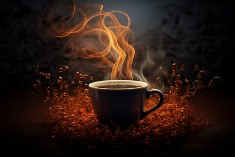 Dark background coffee cup with bright orange steam swirls rising from a black mug, surrounded by roasted beans on a wooden surface.