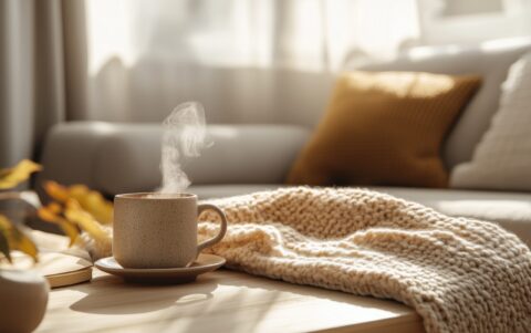 Steaming mug of coffee on a wooden table with a chunky knit blanket and a blurred living room in the background.