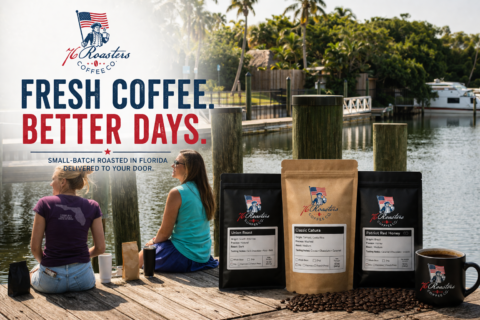 Advertisement for 76 Roasters Coffee Co.: large text 'Fresh Coffee. Better Days.' with two women sitting on a dock by the water, coffee bags and mug in the foreground.