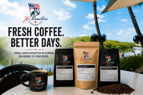 Promotional image for 76 Roasters Coffee Co. with logo, slogan 'Fresh Coffee. Better Days.', and three coffee bags on a table outdoors.